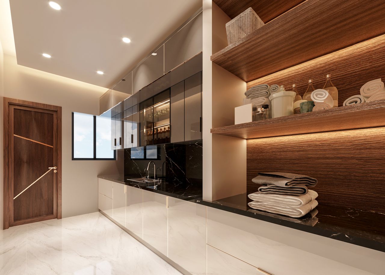 Sleek modern kitchen interior with glossy surfaces, wooden accents, and abundant natural lighting.
